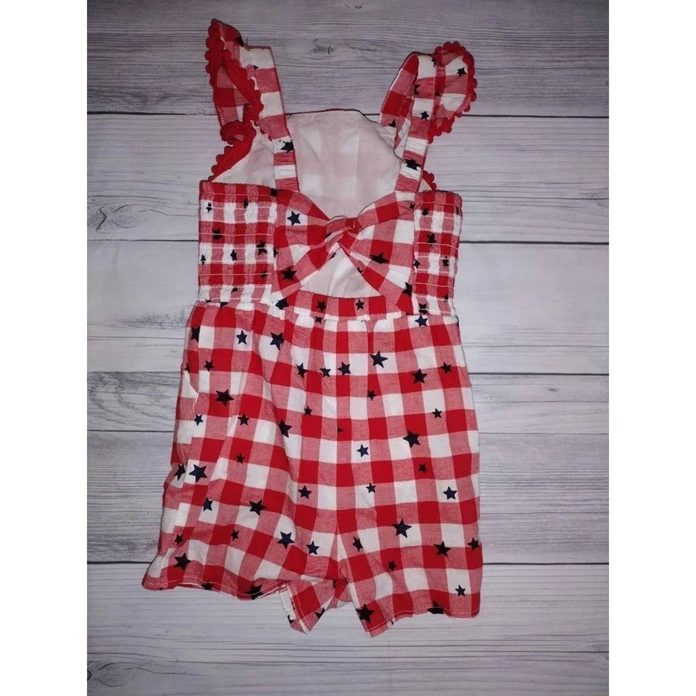 Cat Jack Kids Red White‎ Gingham Star Ruffle Romper Jumper 2T